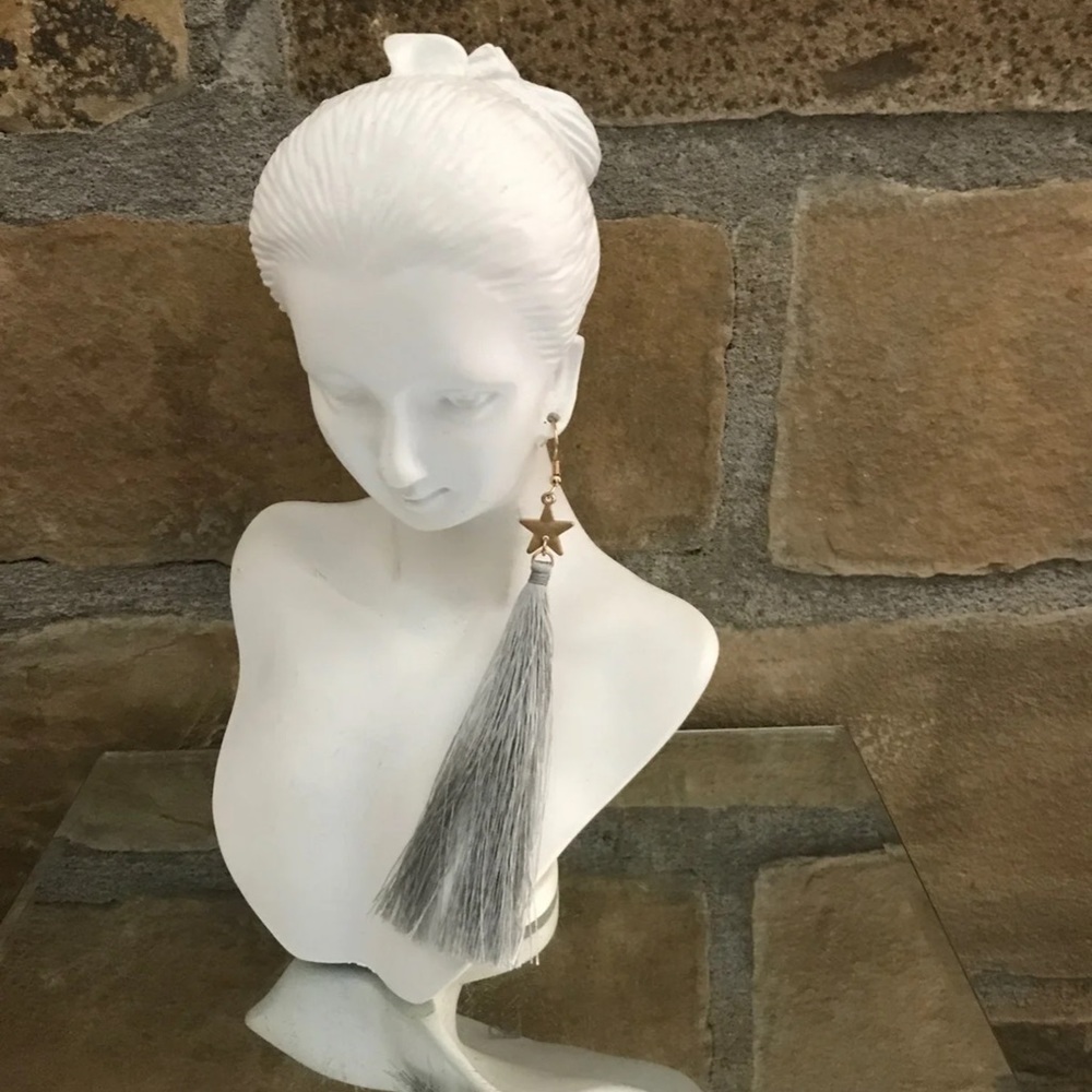 Gold Star Grey Tassel Dangle Earrings